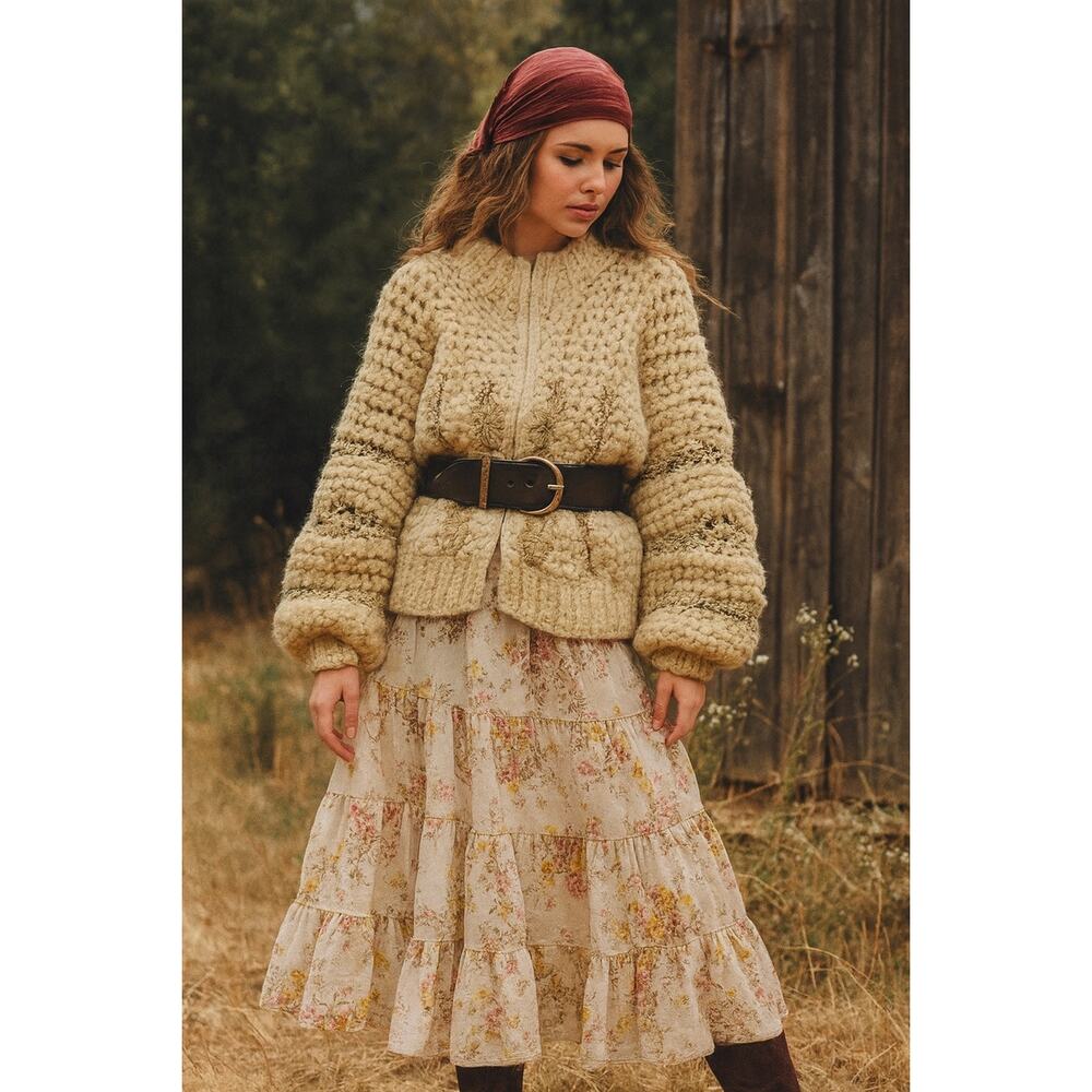 Vintage Norma Canada Sweater Chunky Knit Crochet Boho Beige Wool Full Zip Small
